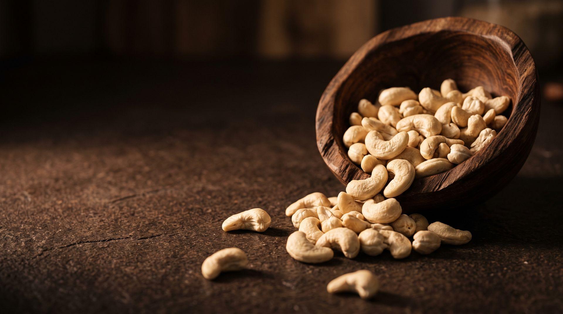 Whole cashew nuts spilling from a dark wooden bowl onto a warm stone surface
